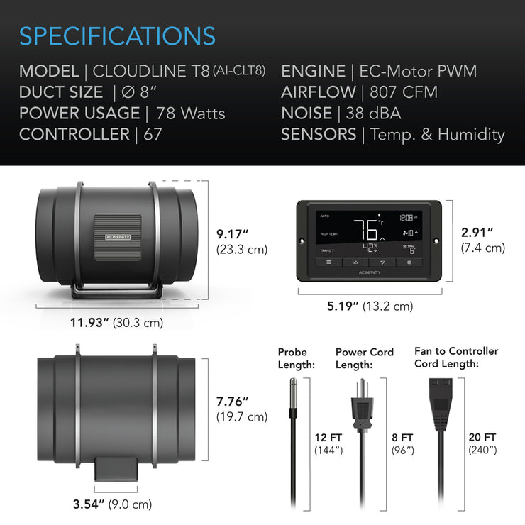 AC Infinity, Cloudline T8, Quiet Inline Duct Fan System with Temperature and Humidity Controller, 8 Inch - 200 MM